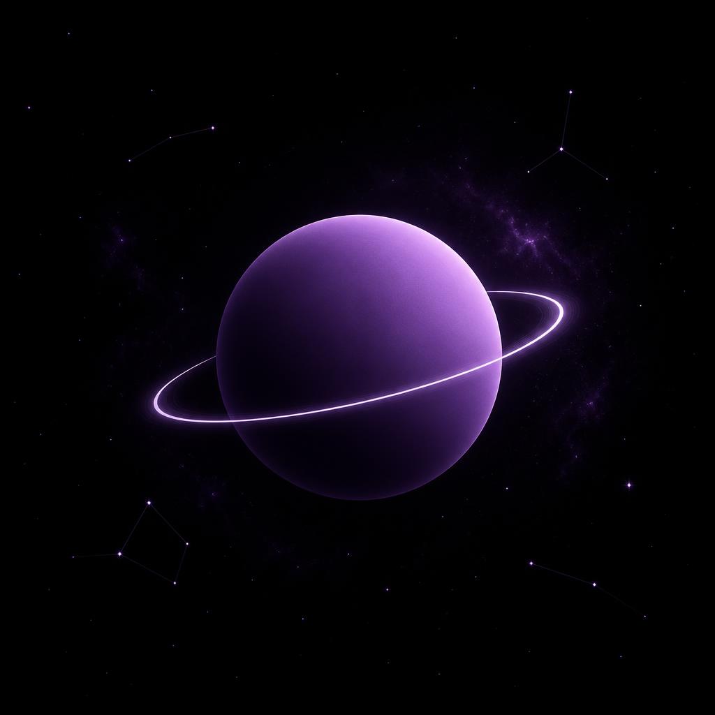 Ilustração de um planeta roxo com órbita luminosa e constelações ao redor